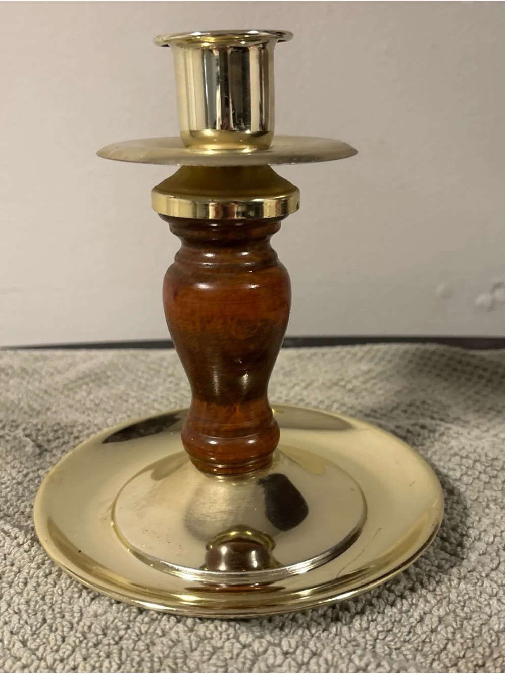 Home Interiors Brass and Wood Candle Holder in Gold and Brown